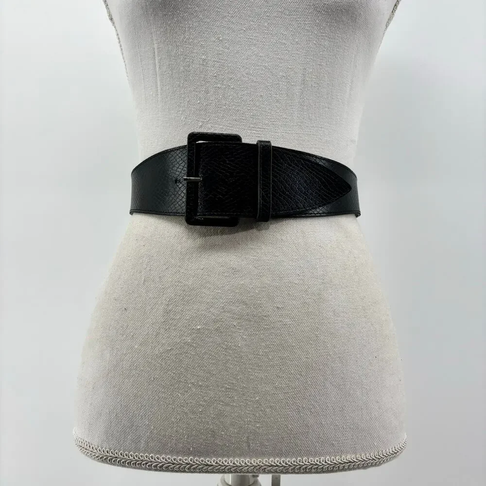 Vintage Women's Small Belt Black Faux Leather Snakeskin Texture Statement Buckle